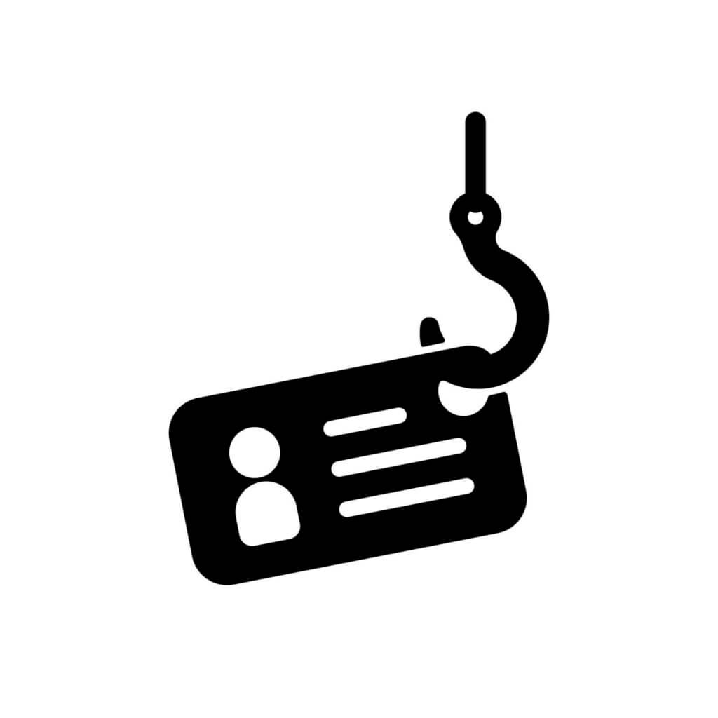 A fishing hook suspending an identification card or badge. The symbol suggests the concept of phishing, a type of online fraud where attackers deceive individuals to steal sensitive information.