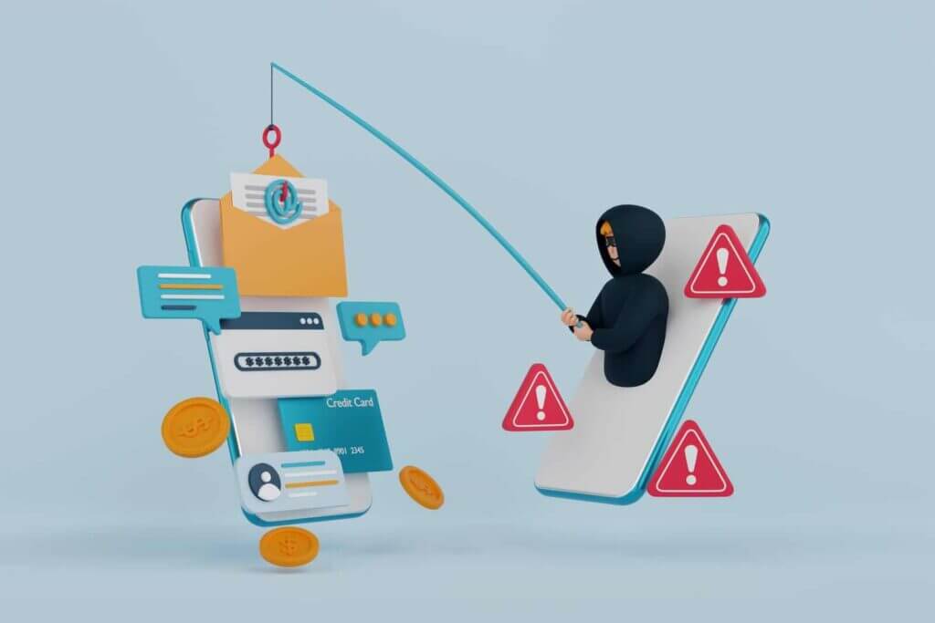 A figure in a hoodie uses a fishing rod to steal personal information from a smartphone, including credit card details, with warning symbols indicating danger.