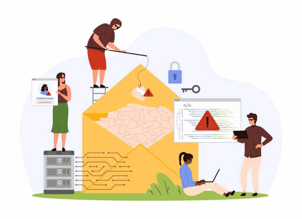 Illustration of people dealing with email security issues. One person stands on a server, another handles an envelope with malware, a third sits on the ground with a laptop, and a fourth uses a tablet.