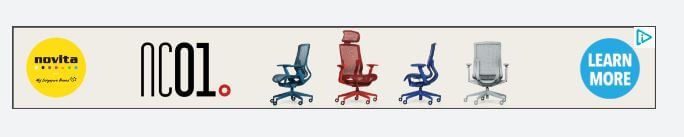 Banner advertisement featuring five ergonomic office chairs in various colors with a "Learn More" button.