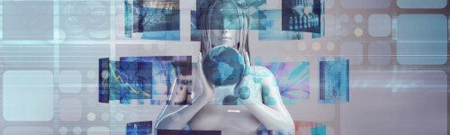 Abstract digital artwork of a person surrounded by floating screens, holding a globe.