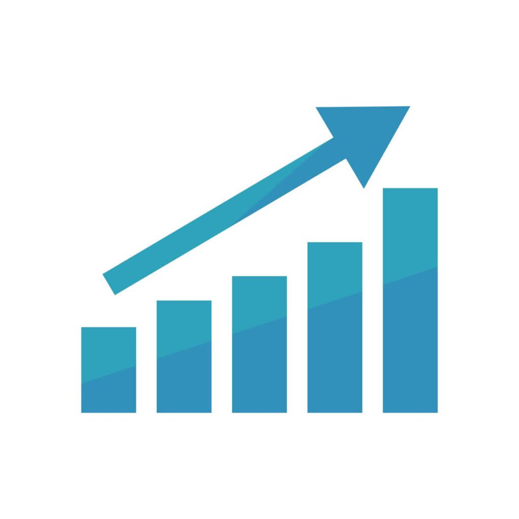 A bar chart with four ascending bars and an upward arrow, symbolizing growth or increase on a white background.