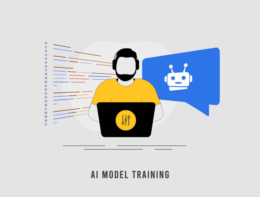 Illustration of a person in a yellow shirt using a laptop with a circuit symbol. Binary code flows, and a speech bubble with a robot icon appears. Text reads "AI Model Training.