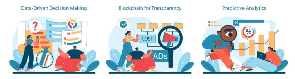 Illustration of three concepts: data-driven decision making, blockchain for transparency, and predictive analytics, each with related graphics and characters interacting.