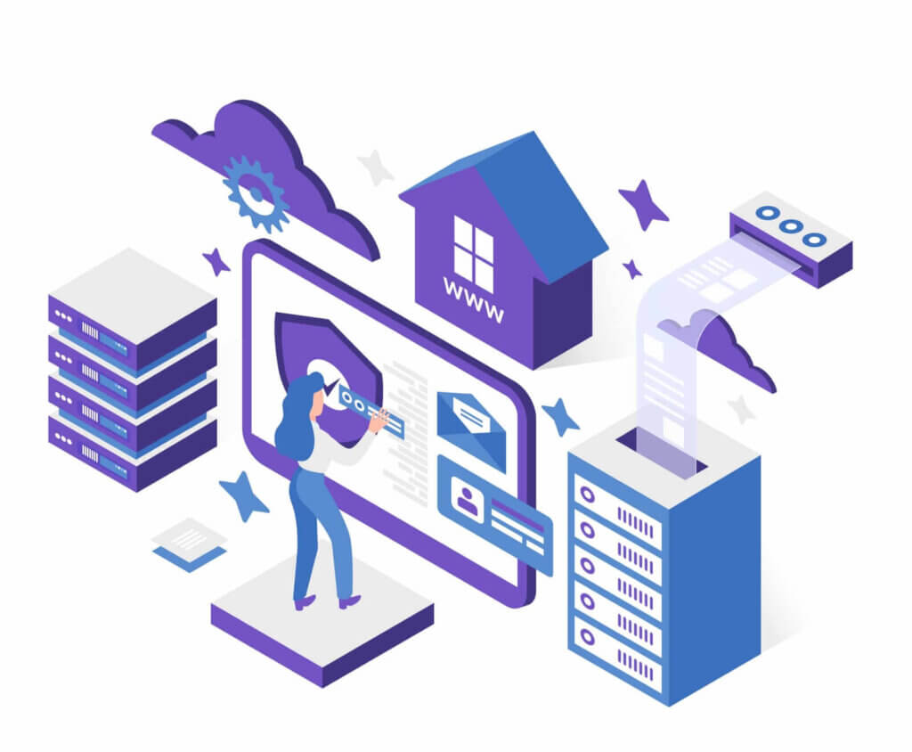 Illustration of a person interacting with digital screens, surrounded by servers, cloud icons, and network elements, symbolizing data protection and online connectivity.