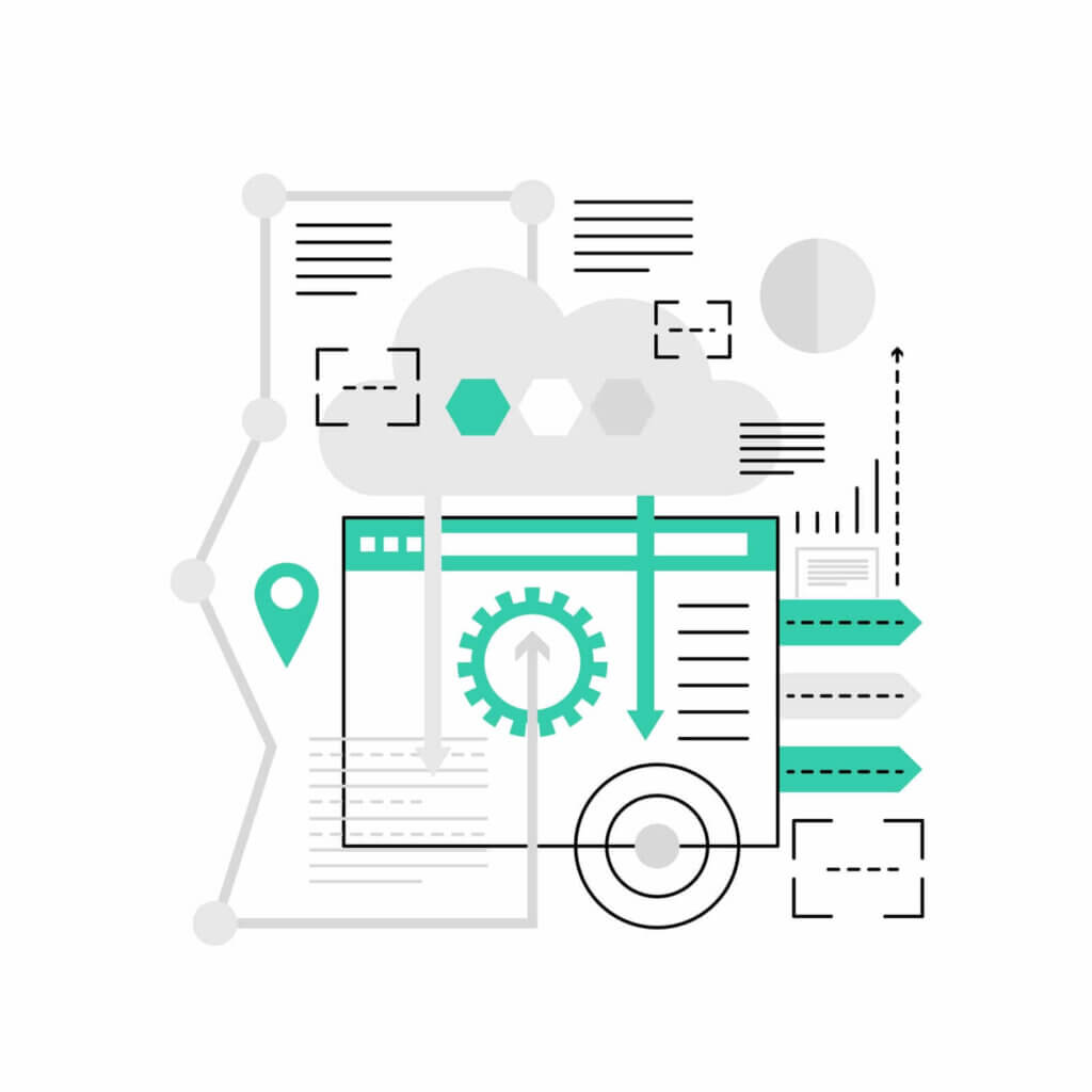 Illustration of a cloud computing concept with a web browser, gear icon, arrows, and data flow lines, depicting network and technology elements in a geometric style.