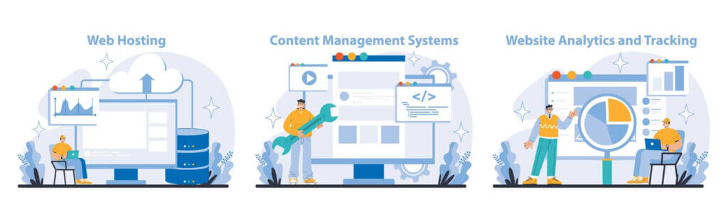 Illustration depicting web hosting, content management systems, and website analytics with people interacting with computers, tools, and charts.