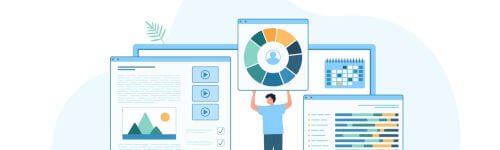 Illustration of a person organizing digital documents on screens, featuring graphs, charts, and a calendar, with a minimalistic background and a small plant.